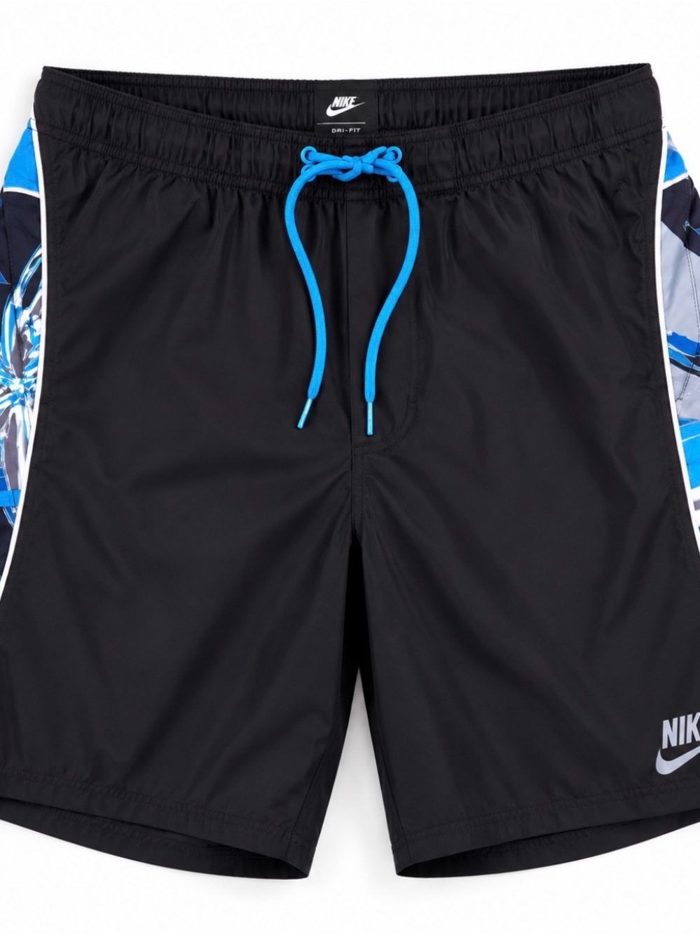 Nike Black Athletic Shorts with Bright Blue Drawstring and Side Panels